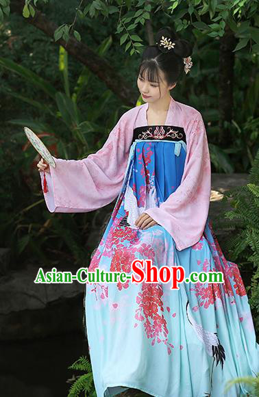 Chinese Ancient Peri Printing Crane Blue Hanfu Dress Tang Dynasty Princess Costumes for Rich Women