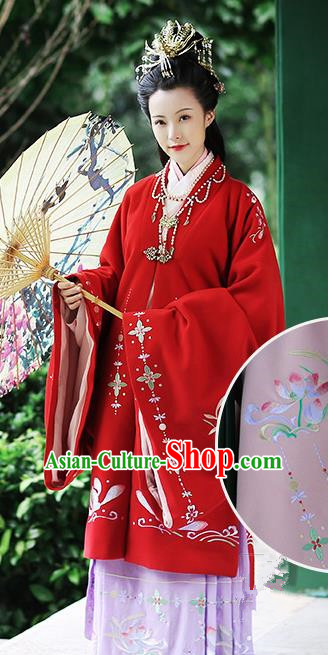 Chinese Ancient Palace Lady Red Hanfu Dress Ming Dynasty Imperial Consort Embroidered Costumes and Hair Jewelry Accessories for Women
