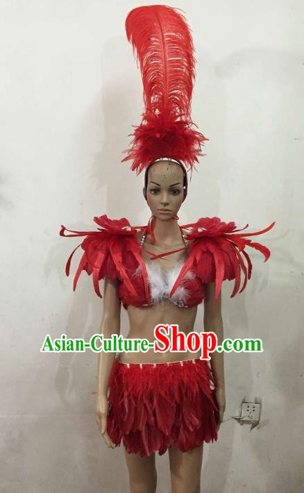 Brazilian Rio Carnival Samba Dance Costumes Catwalks Red Feather Swimsuit and Headdress for Women