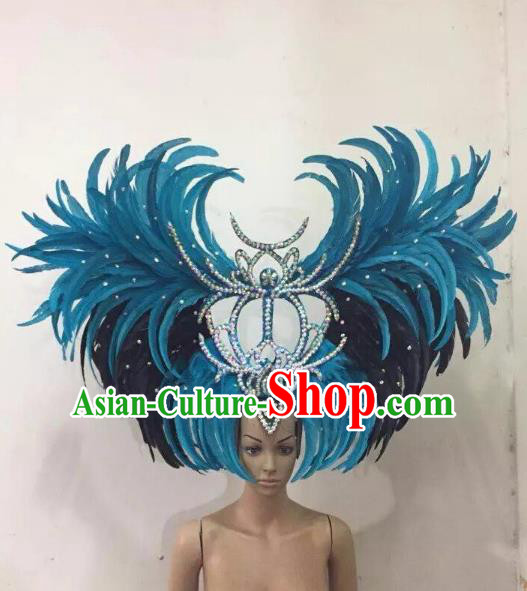 Customized Deluxe Blue Feather Samba Dance Hair Accessories Brazilian Rio Carnival Headdress for Women