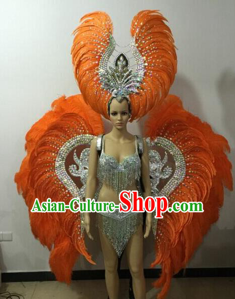 Custom-made Catwalks Props Brazilian Rio Carnival Samba Dance Orange Feather Wings and Headdress for Women