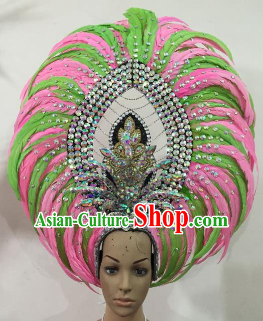 Custom-made Samba Dance Deluxe Green and Pink Feather Hair Accessories Brazilian Rio Carnival Headdress for Women