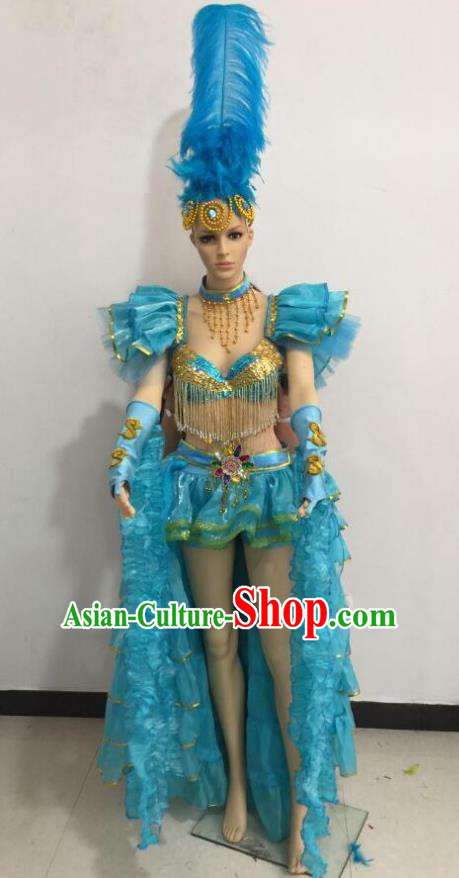 Brazilian Rio Carnival Samba Dance Costumes Catwalks Swimsuit and Blue Feather Headdress for Women