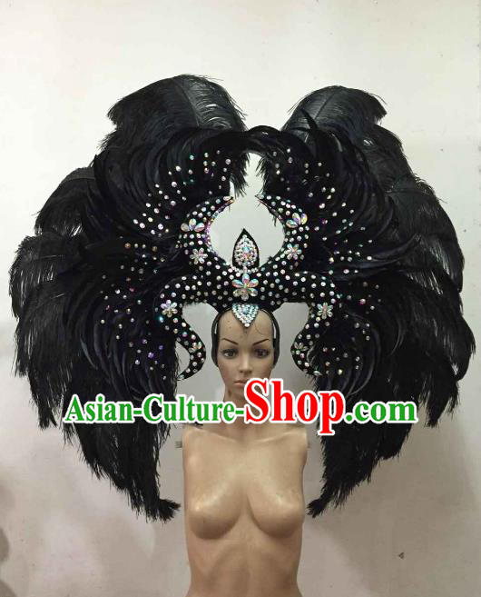 Customized Deluxe Black Feather Samba Dance Hair Accessories Brazilian Rio Carnival Headdress for Women