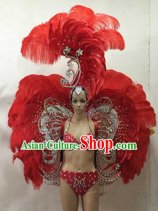 Brazilian Rio Carnival Samba Dance Costumes Catwalks Red Feather Wings Swimsuit and Headdress for Women