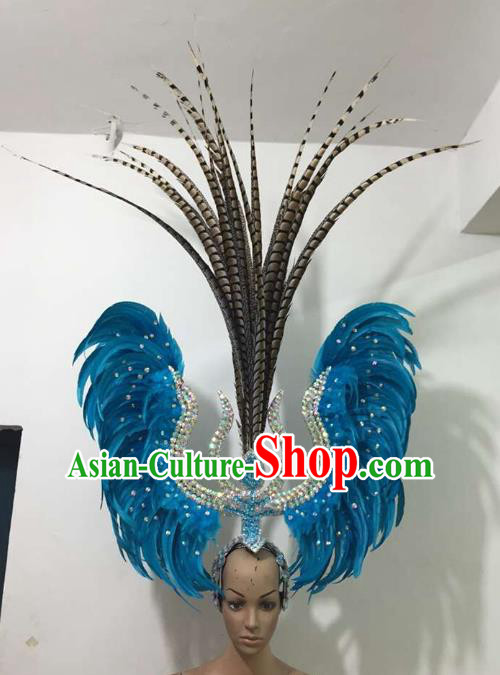 Professional Samba Dance Hair Accessories Brazilian Rio Carnival Blue Feather Headdress for Women