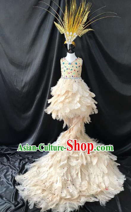 Brazilian Rio Carnival Samba Dance Costumes Catwalks White Feather Trailing Dress for Kids