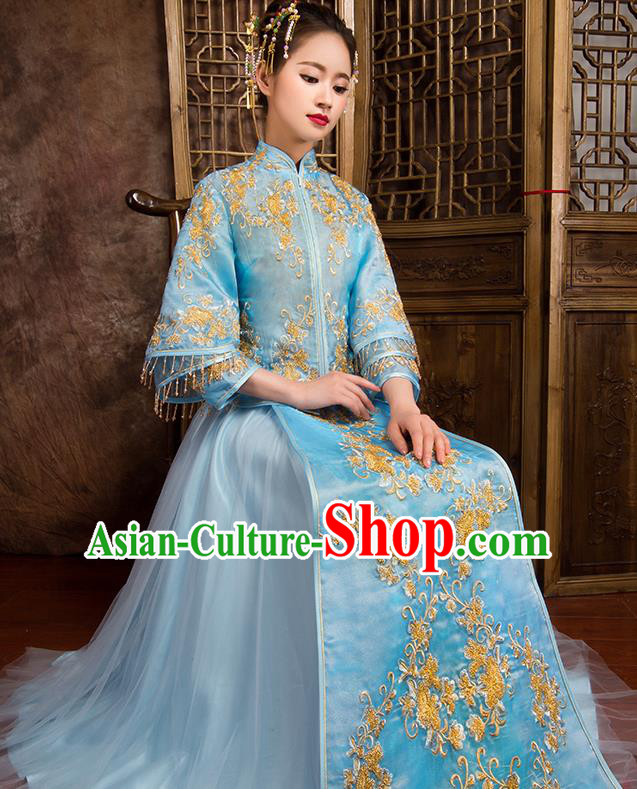 Traditional Chinese Bridal Costumes Ancient Bride Wedding Embroidered Blue XiuHe Suit for Women