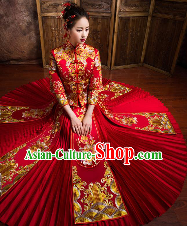 Traditional Chinese Bridal Costumes Ancient Bride Wedding Embroidered Peony Red XiuHe Suit for Women