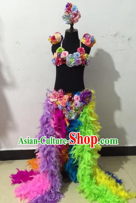 Brazilian Rio Carnival Samba Dance Costumes Catwalks Flowers Trailing Dress for Kids