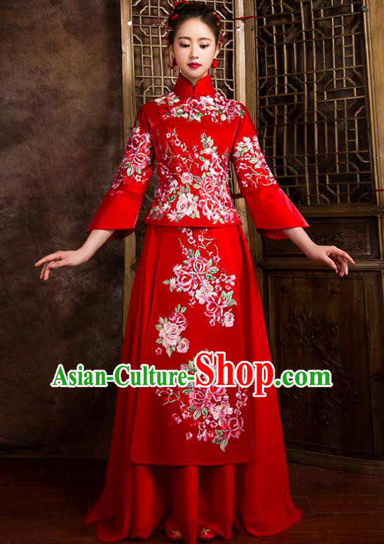 Traditional Chinese Bridal Costumes Ancient Bride Toast Clothing Wedding Embroidered Peony XiuHe Suit for Women