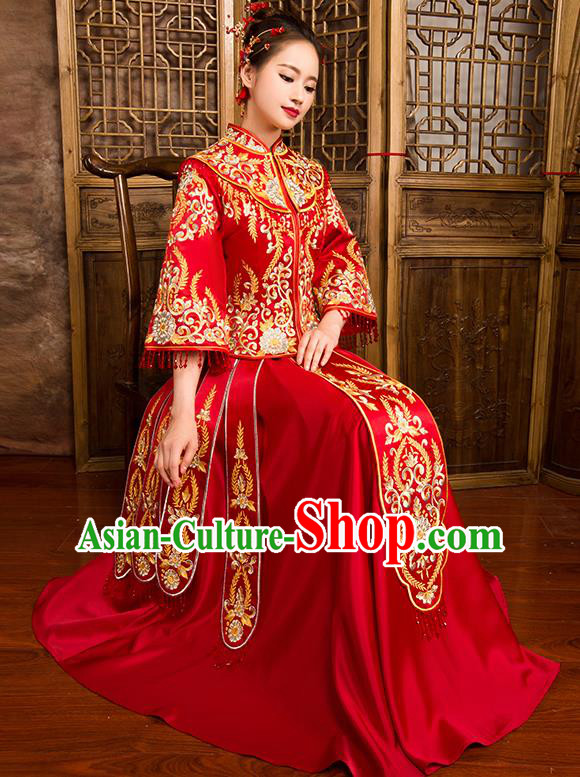 Traditional Chinese Bridal Costumes Ancient Bride Wedding Embroidered Red XiuHe Suit for Women