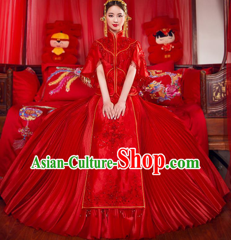 Traditional Chinese Bridal Wedding Costumes Ancient Bride Red Embroidered Longfeng Flown XiuHe Suit for Women