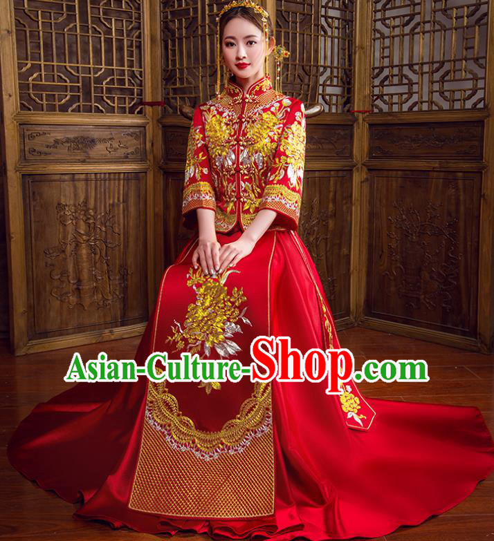 Traditional Chinese Bridal Wedding Costumes Ancient Bride Red Embroidered Peony Longfeng Flown XiuHe Suit for Women