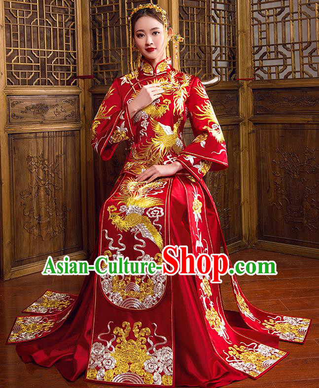 Traditional Chinese Bridal Wedding Costumes Ancient Bride Red Embroidered Phoenix Peony Longfeng Flown XiuHe Suit for Women