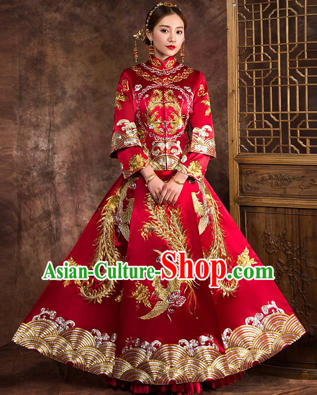 Traditional Chinese Female Wedding Costumes Ancient Red Embroidered Phoenix Full Dress XiuHe Suit for Bride