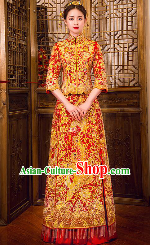 Traditional Chinese Female Wedding Costumes Ancient Embroidered Phoenix Full Dress Red XiuHe Suit for Bride