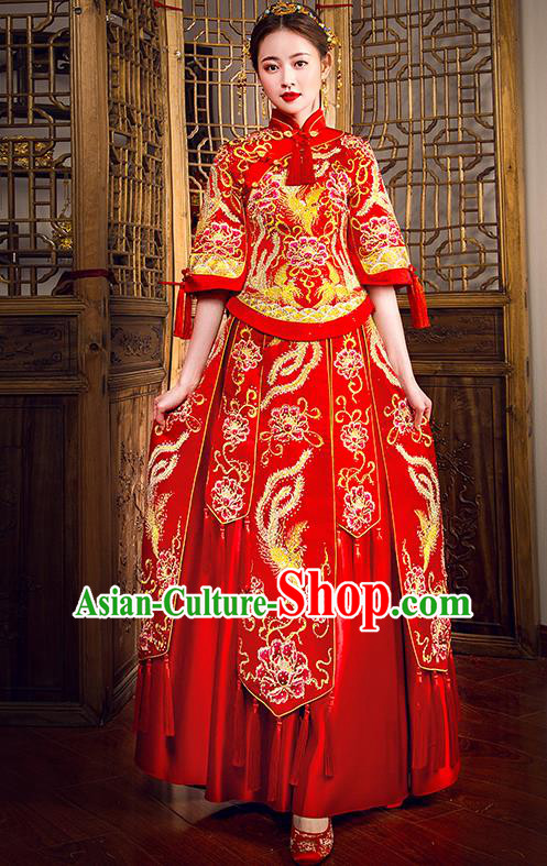 Traditional Chinese Female Wedding Costumes Ancient Embroidered Phoenix Peony Full Dress Red XiuHe Suit for Bride