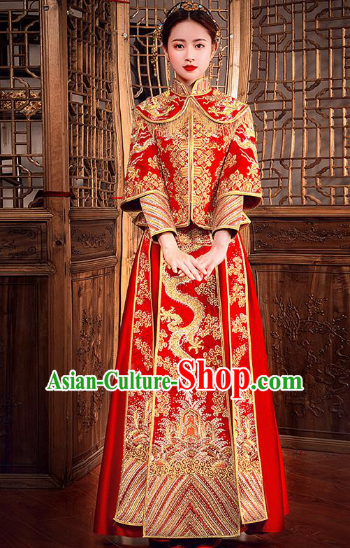 Traditional Chinese Female Wedding Costumes Ancient Embroidered Dragon Diamante Full Dress Red XiuHe Suit for Bride