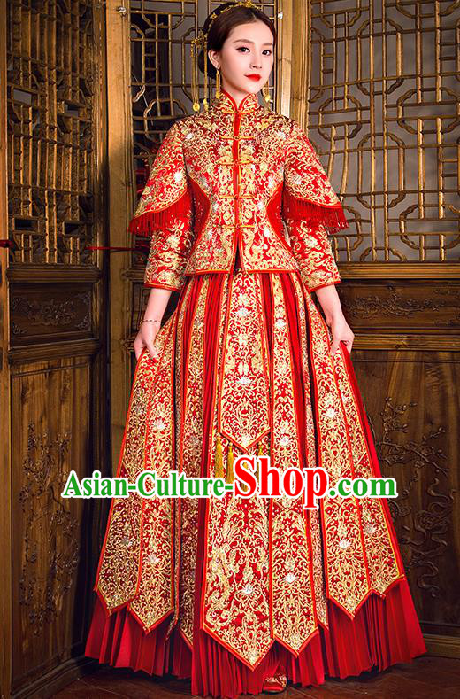 Traditional Chinese Female Wedding Costumes Ancient Embroidered Diamante Full Dress Red XiuHe Suit for Bride