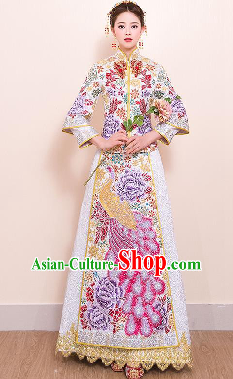 Traditional Chinese Style Female Wedding Costumes Ancient Embroidered Phoenix White Full Dress XiuHe Suit for Bride