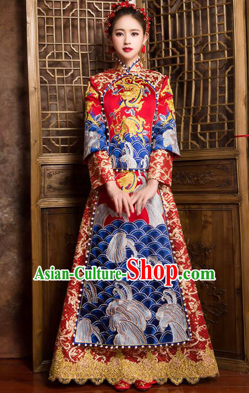 Traditional Chinese Bridal Costumes Ancient Bride Wedding Embroidered Dragons XiuHe Suit for Women