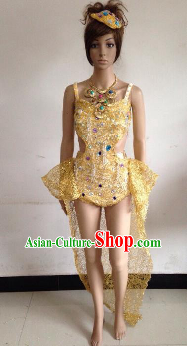 Brazilian Rio Carnival Samba Dance Costumes Catwalks Golden Trailing Swimwear Dress for Women