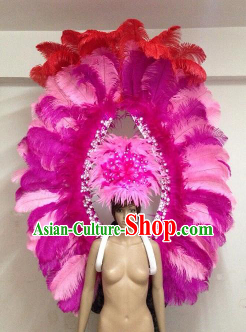 Customized Halloween Catwalks Props Brazilian Rio Carnival Samba Dance Rosy and Pink Feather Deluxe Wings and Headwear for Women