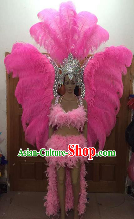 Brazilian Rio Carnival Samba Dance Pink Feather Costumes Catwalks Deluxe Wings Swimsuit and Headdress for Women