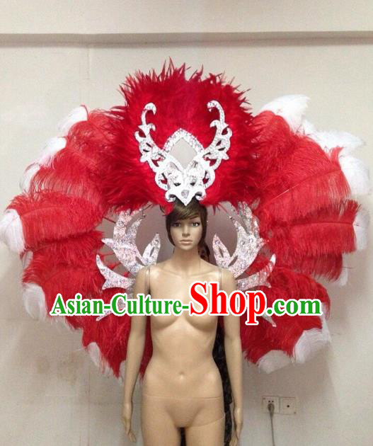 Customized Halloween Catwalks Props Brazilian Rio Carnival Samba Dance Red and White Feather Deluxe Wings and Headwear for Women