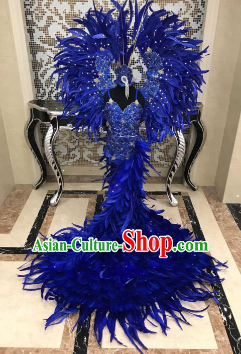 Brazilian Rio Carnival Samba Dance Costumes Catwalks Blue Feather Trailing Swimwear and Wings for Kids