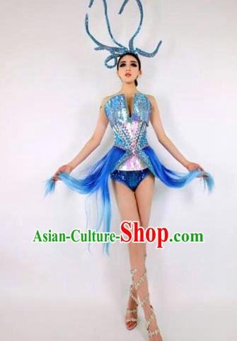 Top Grade Catwalks Costume Blue Dress Halloween Stage Performance Brazilian Carnival Clothing for Women