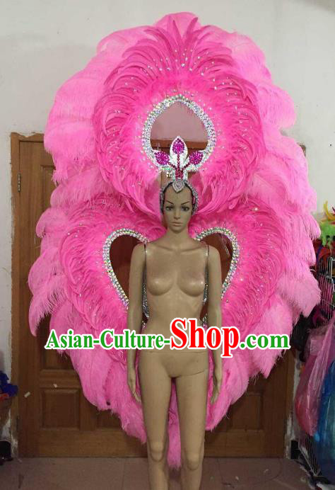 Custom-made Catwalks Props Brazilian Rio Carnival Samba Dance Pink Feather Deluxe Heart-Shape Wings and Headwear for Women