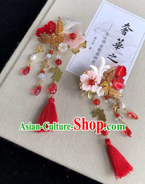 Chinese Traditional Hair Accessories Ancient Hanfu Hairpins Red Tassel Shell Hair Claw for Women