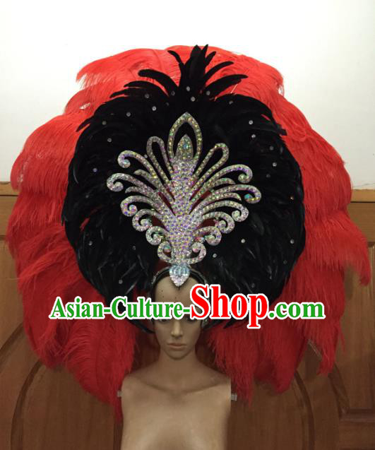 Professional Samba Dance Deluxe Hair Accessories Brazilian Rio Carnival Red and Black Feather Headdress for Women