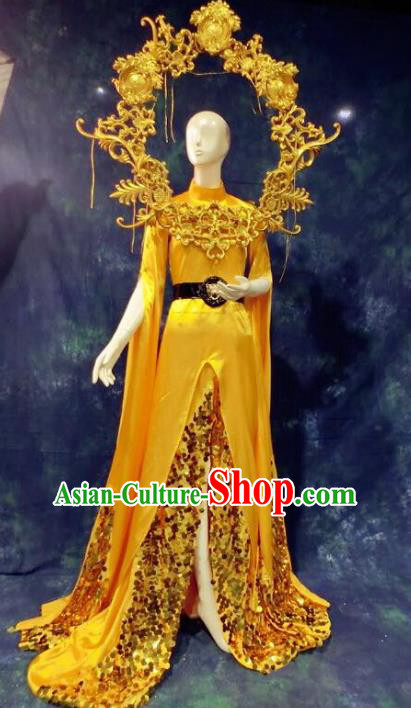 Top Grade Catwalks Yellow Full Dress Costume Stage Performance Model Show Brazilian Carnival Clothing for Women