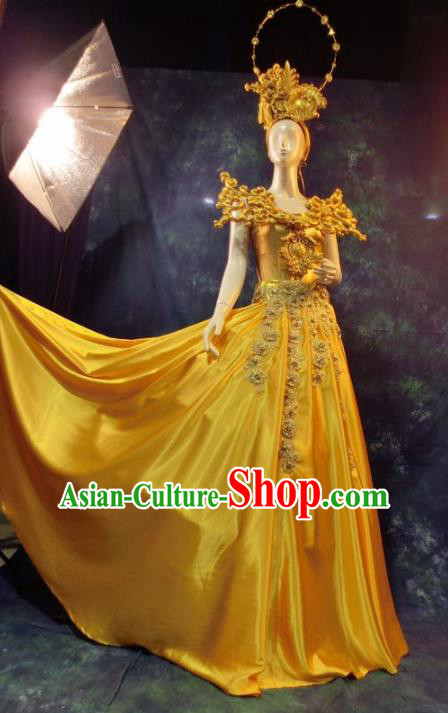 Top Grade Catwalks Golden Costume Yellow Dress Stage Performance Model Show Brazilian Carnival Clothing for Women