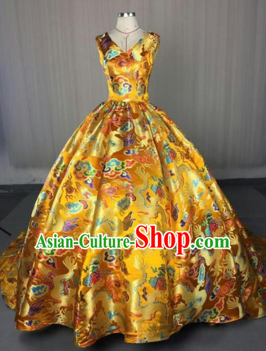 Top Grade Chinese Catwalks Costume Halloween Stage Performance Yellow Dragon Dress Brazilian Carnival Clothing for Women
