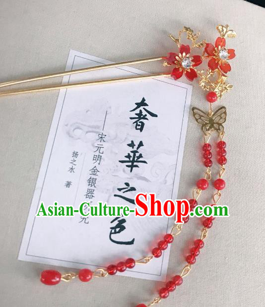 Chinese Traditional Hair Accessories Ancient Hanfu Hairpins Red Beads Tassel Hair Clip for Women