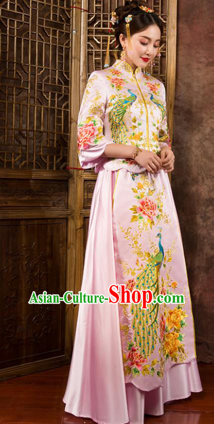 Chinese Traditional Wedding Dress Ancient Bride Pink Xiuhe Suit for Women