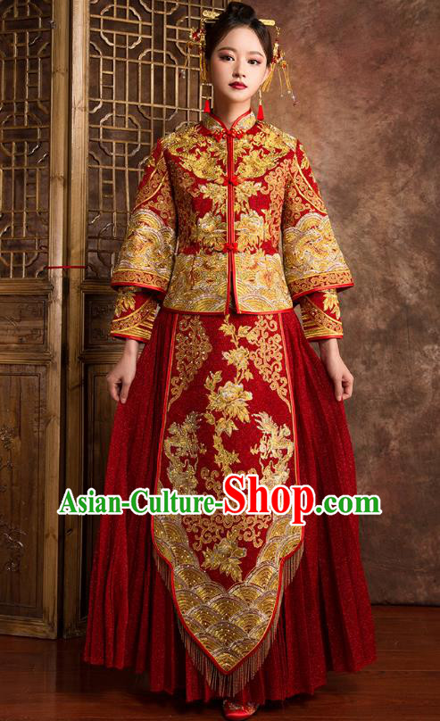 Chinese Traditional Wedding Costumes Ancient Bride Embroidered Peony Diamante Red Xiuhe Suit for Women
