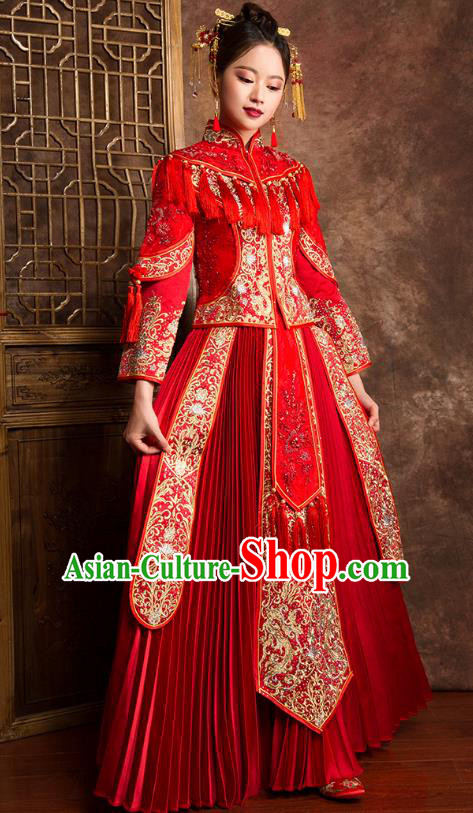 Traditional Chinese Wedding Costumes Ancient Bride Embroidered Red XiuHe Suit for Women