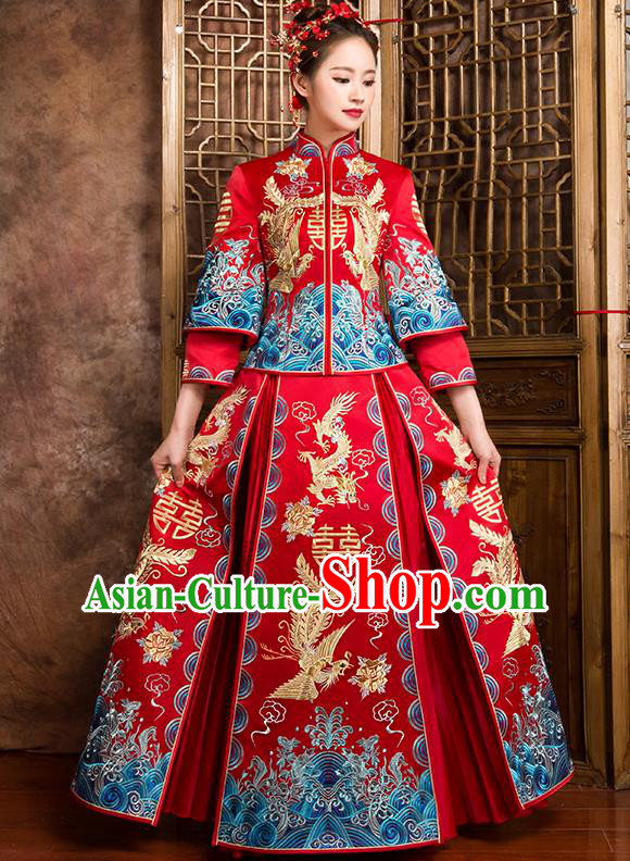 Traditional Chinese Bridal Costumes Ancient Bride Wedding Embroidered Red XiuHe Suit for Women