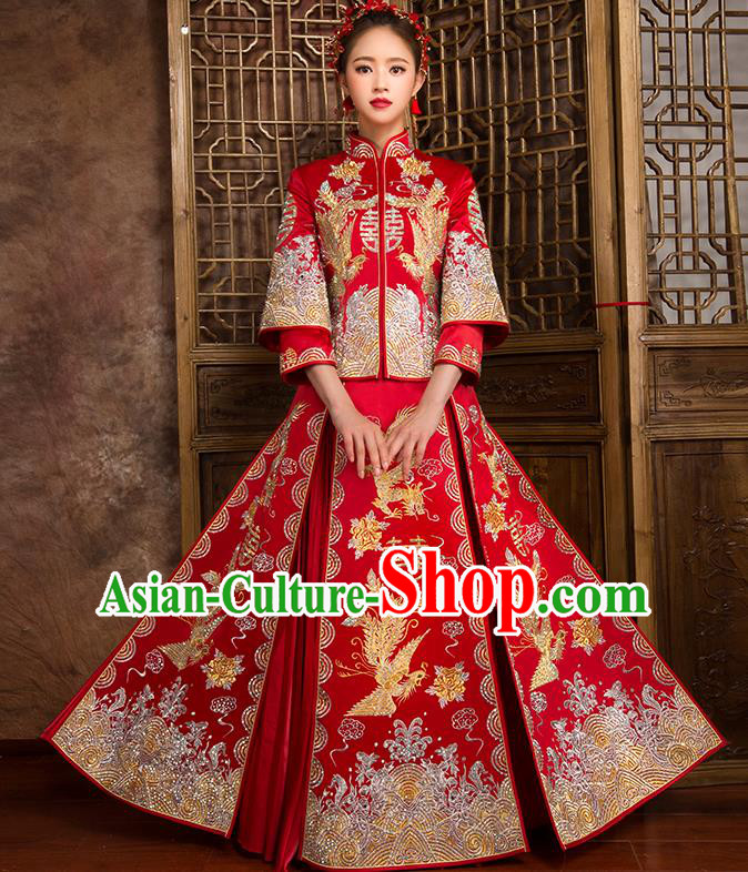 Traditional Chinese Bridal Costumes Ancient Bride Wedding Embroidered Dragon Phoenix XiuHe Suit for Women