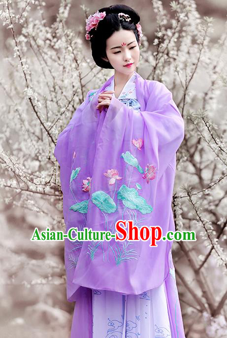 Traditional Chinese Tang Dynasty Imperial Consort Hanfu Dress Ancient Peri Embroidered Lotus Costumes and Headpiece for Women