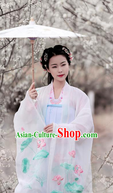Ancient Chinese Tang Dynasty Princess Hanfu Dress Embroidered Lotus Cloak and Inside Clothing Plus Accessories for Women