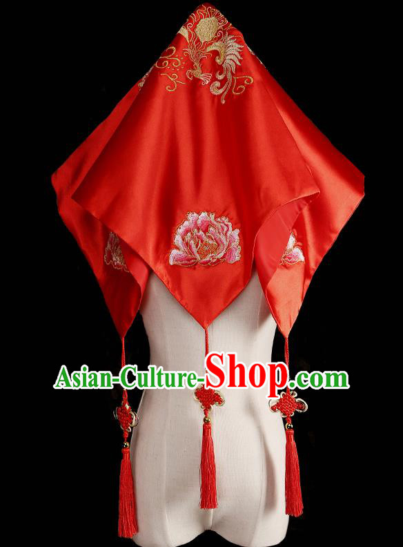 Traditional Chinese Wedding Hair Accessories Ancient Embroidered Red Bridal Veil for Bride