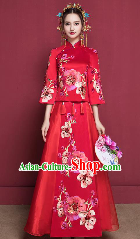 Traditional Chinese Female Wedding Costumes Ancient Red Bottom Drawer Embroidered Peach Blossom XiuHe Suit for Bride