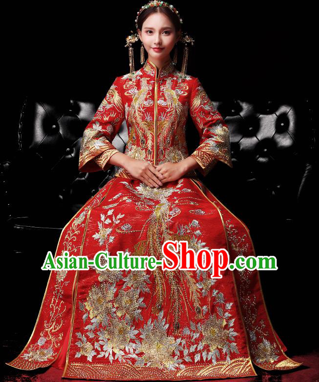 Traditional Chinese Style Female Wedding Costumes Ancient Embroidered Full Dress Red XiuHe Suit for Bride