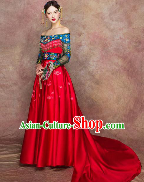 Traditional Chinese Wedding Costumes Embroidered Red Full Dress Ancient Bottom Drawer for Bride